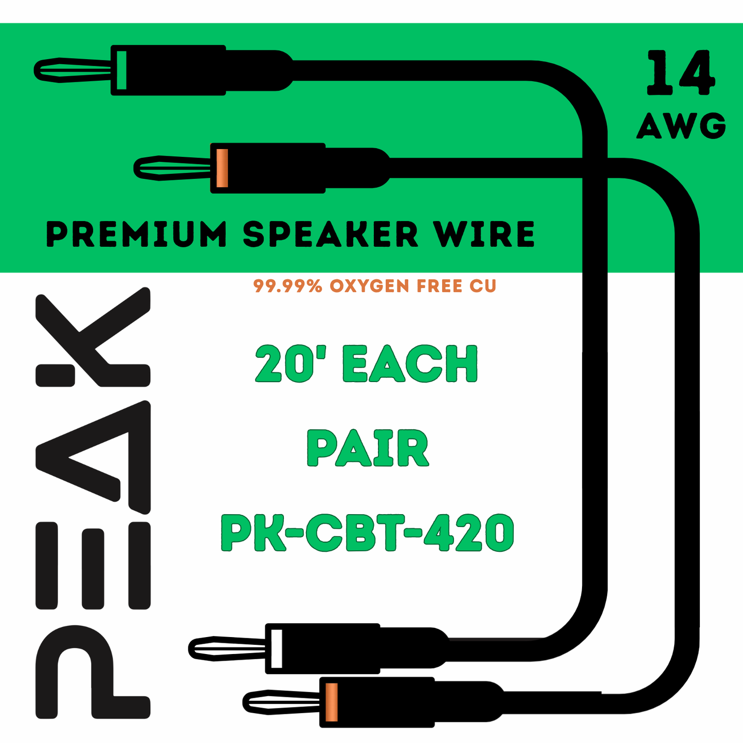 Peak Audio 14 AWG Premium Speaker Cable (Pair, each 20 ft long)
