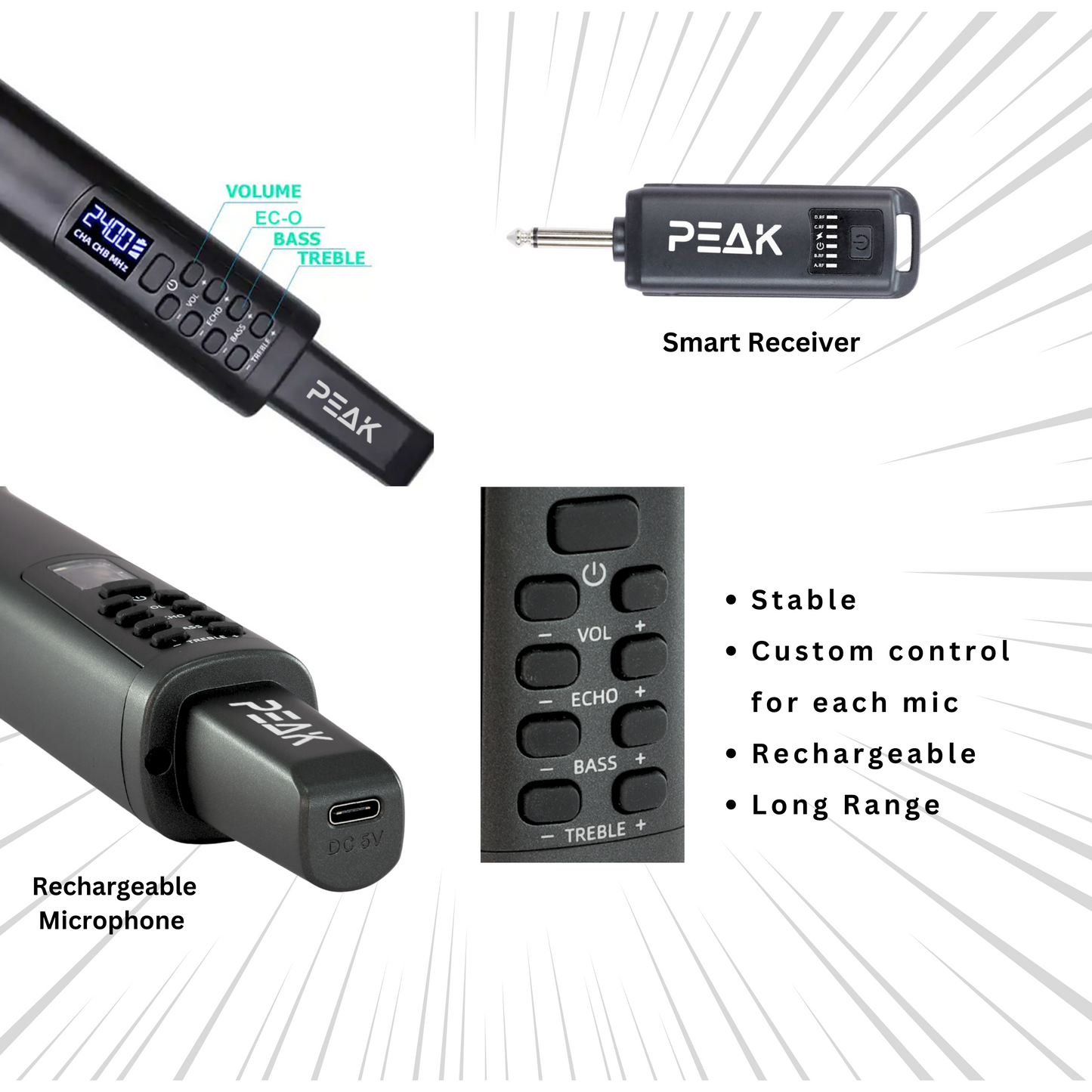 4 Set Wireless PREMIUM Microphone with Volume, Echo, Treble, Bass Control