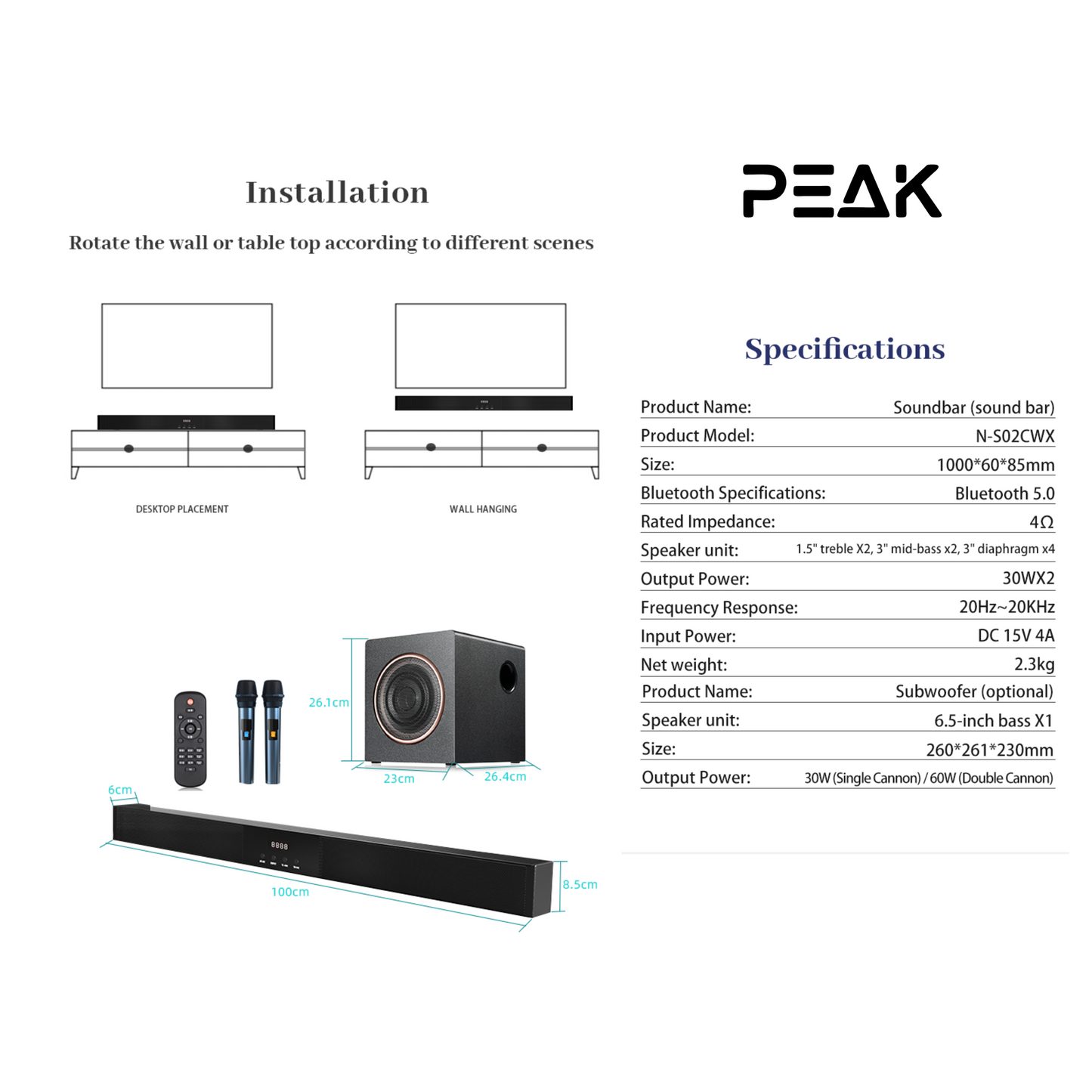 KARABAR Soundbar with Subwoofer and 2 Wireless Mic set