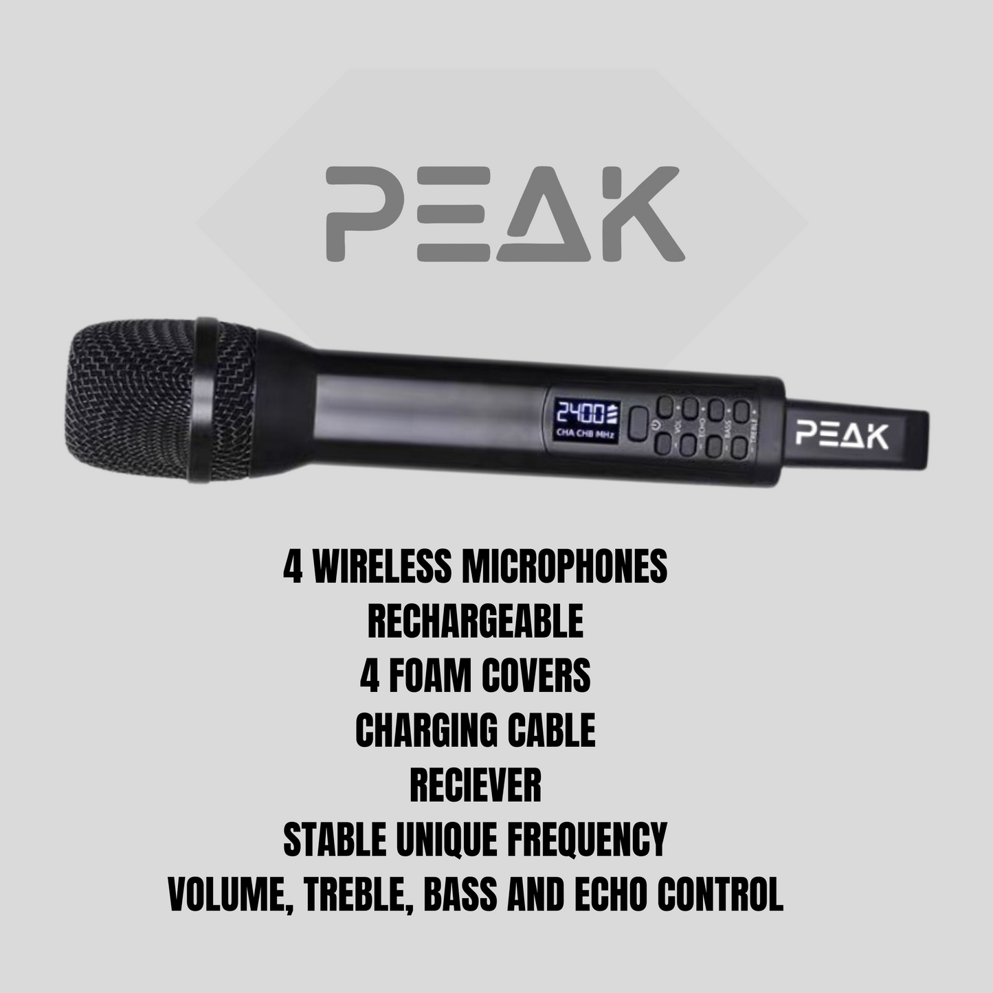 4 Set Wireless PREMIUM Microphone with Volume, Echo, Treble, Bass Control
