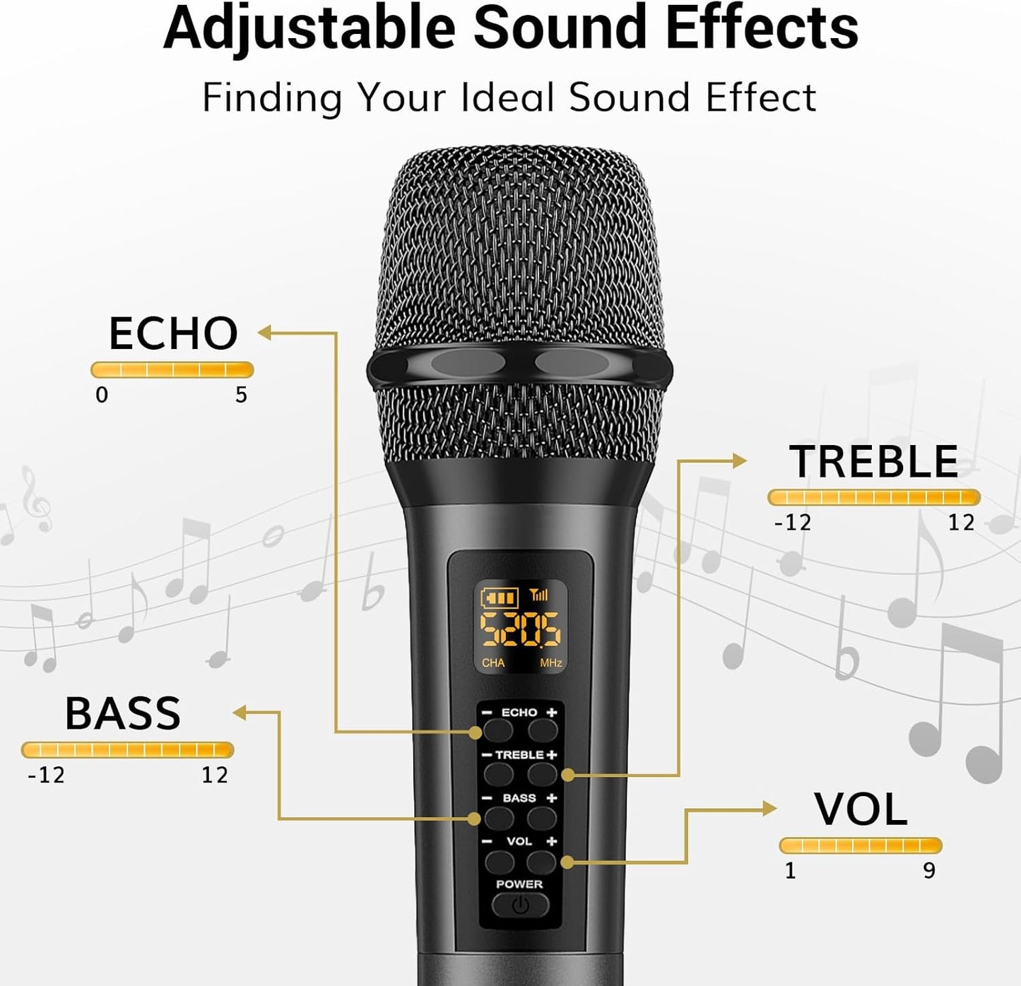Wireless SONIC Microphone with volume, echo, treble, bass