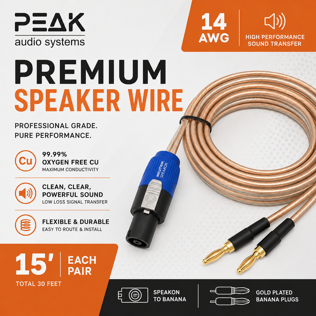 Peak Audio SPEAKON 14 AWG Premium Speaker Cable (Pair, each 15 ft long)