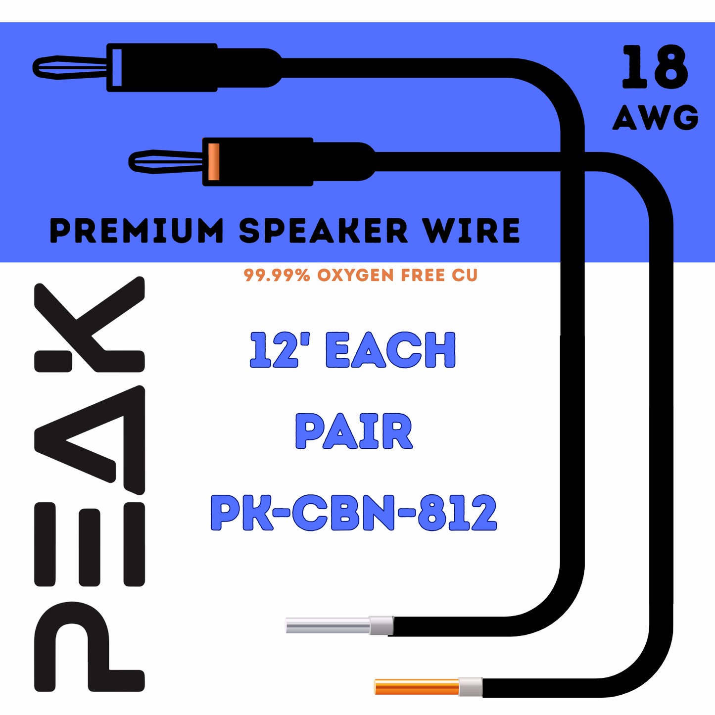 Peak Audio 18 AWG Premium Speaker Cable (Pair, each 12 ft long)