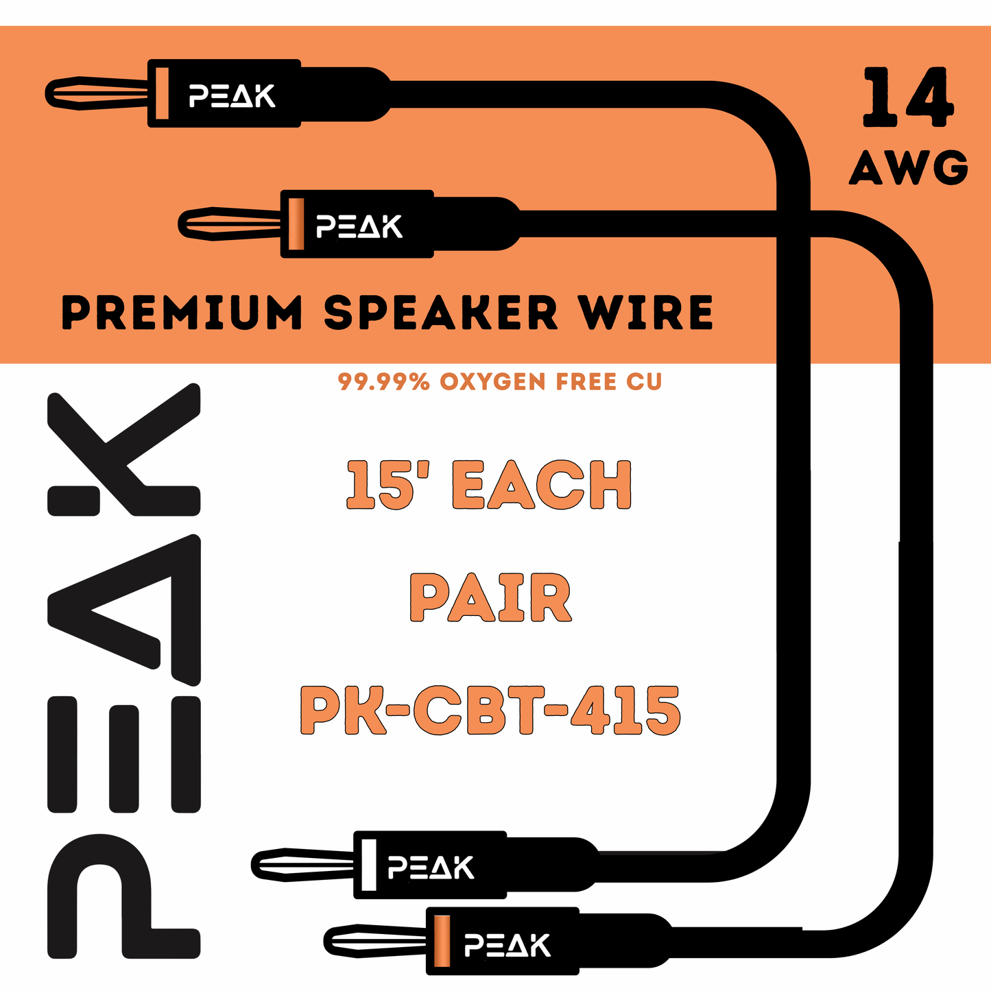 Peak Audio 14 AWG Premium Speaker Cable (Pair, each 15 ft long)